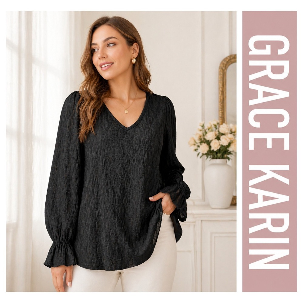 Grace Karin Black Textured Long Balloon Sleeve V Neck Minimalist Tunic Top 2XL